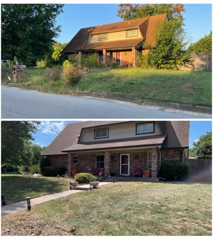 A 'before and after' comparison showing a dramatic front yard transformation by Lande Lawn Care in Broken Arrow, OK, from overgrown to pristine.