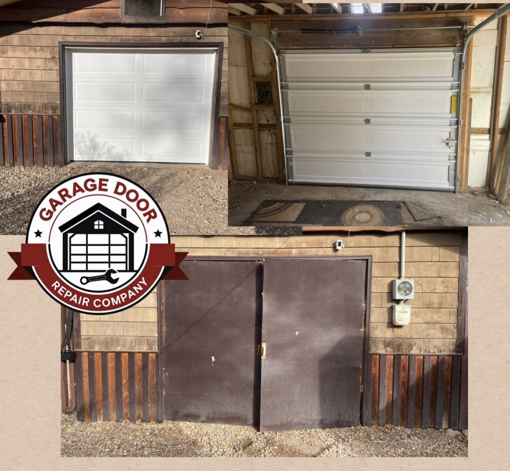 Before and after conversion of old double doors to a new single white garage door by Garage Door Repair Company, LLC in Pueblo, CO.
