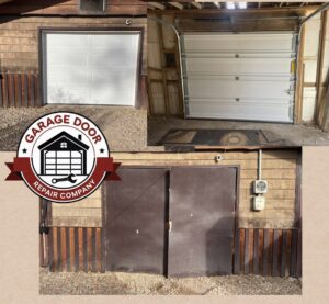 Before and after conversion of old double doors to a new single white garage door by Garage Door Repair Company, LLC in Pueblo, CO.