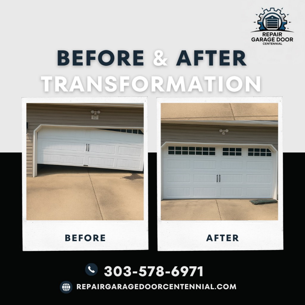 Before and after photos of a garage door repair or replacement by Repair Garage Door Centennial- Garage Repair in Centennial, CO.