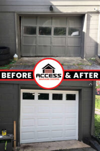 Before and after comparison of a garage door replacement by Access Garage Doors-Chattanooga, TN