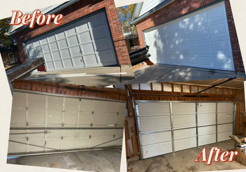 Before and after views of a complete garage door replacement, showing both exterior and interior work by Garage Door Repair Company, LLC in Pueblo, CO.