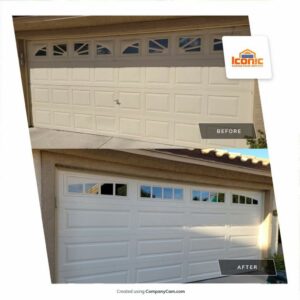 Before and after comparison of a garage door replacement by Iconic Garage Door Service in Queen Creek, AZ