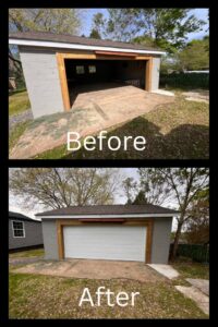 A 'before and after' collage showing a garage door replacement project by Knox Garage Door Service LLC in Knoxville, TN.
