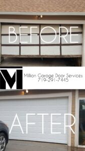 Before and after comparison of a garage door replacement by Million Garage Door Services in Colorado Springs, CO, showing a new white door.