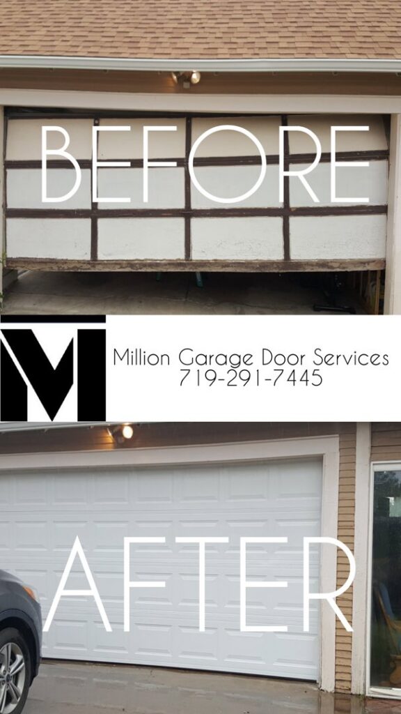 Before and after comparison of a garage door replacement by Million Garage Door Services in Colorado Springs, CO, showing a new white door.