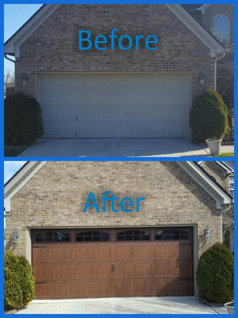 Before and after comparison of a garage door replacement, showing an old door replaced with a new brown carriage-style door by PRO-Line Garage Doors LLC in Richmond, KY.