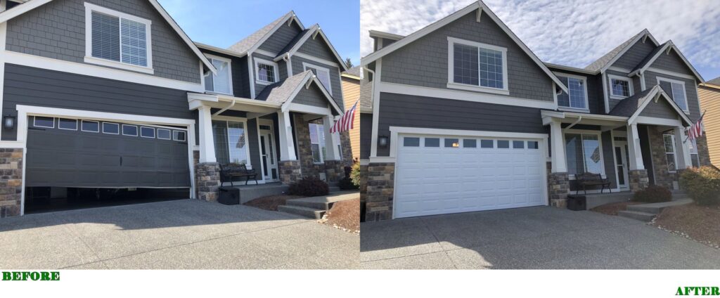 Before and after comparison of a garage door replacement by Steadfast Garage Door Services LLC in Federal Way, WA.