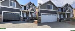 Before and after comparison of a garage door replacement by Steadfast Garage Door Services LLC in Federal Way, WA.