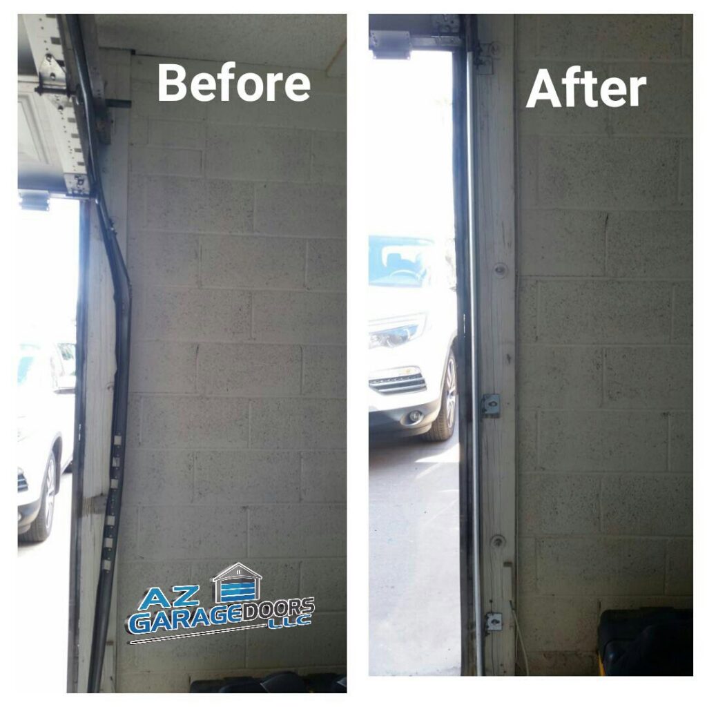 A before and after comparison showing a damaged garage door track repaired by Az Garage Door in Phoenix, AZ.