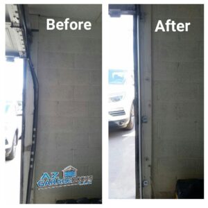 A before and after comparison showing a damaged garage door track repaired by Az Garage Door in Phoenix, AZ.