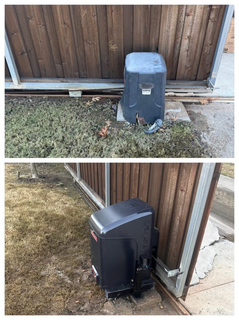 Before and after photos of a gate operator replacement by HDR Systems Gate, Fence & Garage doors in Plano, TX