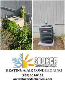 Before and after photos of a Goodman outdoor air conditioning unit installation by Stoker Mechanical Heating & Air Conditioning in Lawrence, KS.