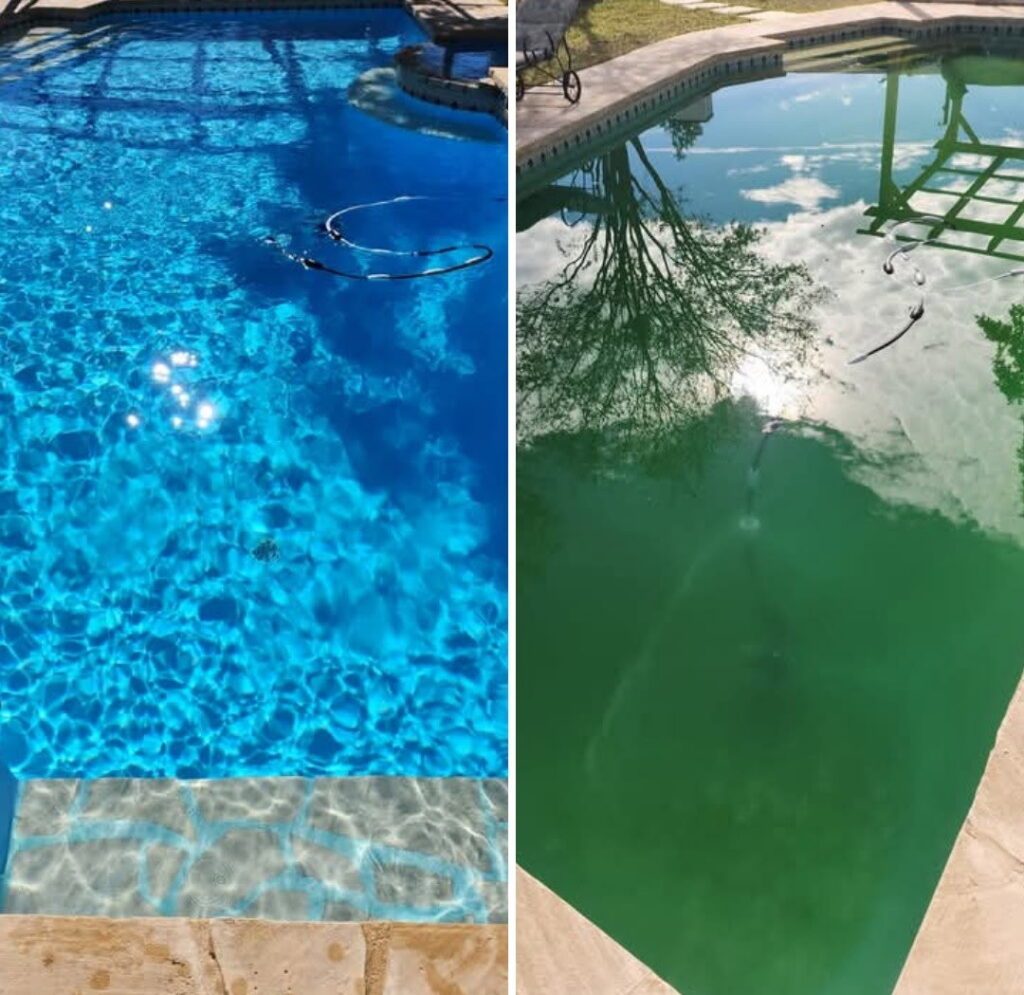 Before and after comparison of a green, murky pool cleaned to sparkling blue by Bluestone Pool Cleaning & Services in Clarksville, TN.