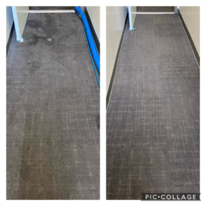 Before and after comparison of a hallway carpet cleaned by Baymist Carpet Cleaning & Repair in Spokane, WA.