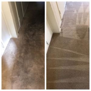 Before and after comparison of a dirty and freshly cleaned hallway carpet by Ramirez Carpet Cleaning in Sacramento, CA