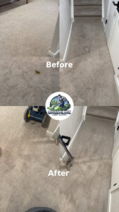 Before and after comparison of a hallway carpet with a removed stain by GreenLine Carpet Cleaning in Aurora, CO.