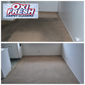 Before and after photo of a heavily stained carpet cleaned by Oxi Fresh Carpet Cleaning in Las Vegas, NV.