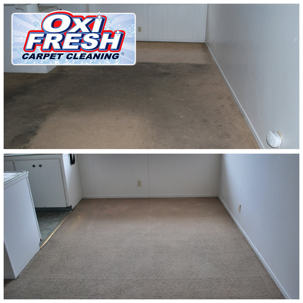 Before and after photo of a heavily stained carpet cleaned by Oxi Fresh Carpet Cleaning in Las Vegas, NV.