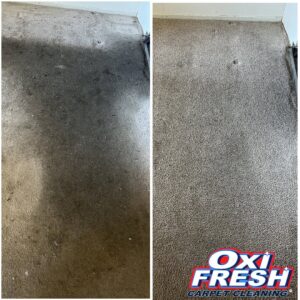 Before and after photo of heavy traffic carpet cleaning by Oxi Fresh Carpet Cleaning in Las Vegas, NV.