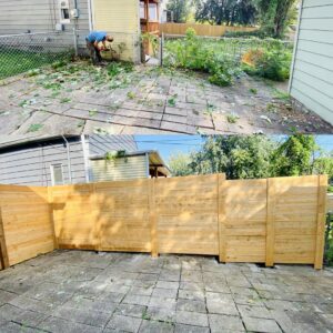 Before and after view of a backyard, showing a new horizontal wood fence installed by Exterior Experience LLC in St. Louis, MO.