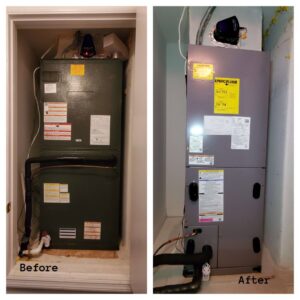 Before and after photos of an HVAC air handler unit replacement by Fernandez HVAC in Alexandria, VA.