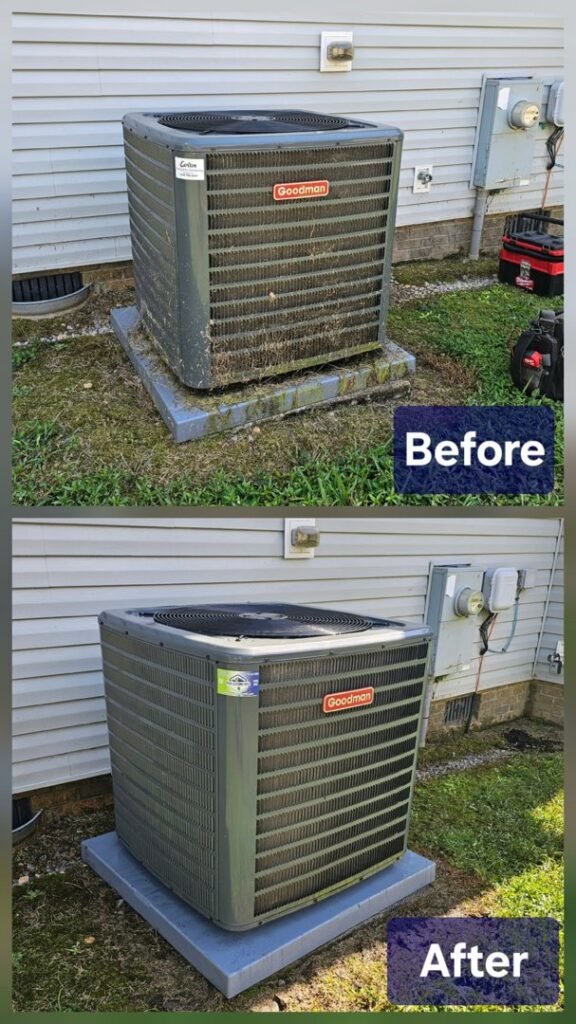 Before and after comparison of an outdoor HVAC condenser unit after professional cleaning by Peak Seasons HVAC in Raleigh, NC.