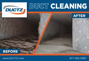 Before and after comparison showing clean HVAC ducts after service by Ductz of Southeast Michigan in Livonia, MI.