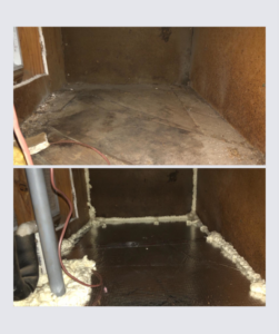 Before and after comparison of an HVAC duct or plenum, showing new insulation and sealing work by Comfort Pros in Mobile, AL.