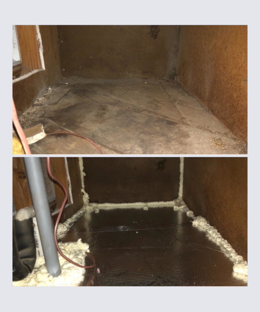 Before and after comparison of an HVAC duct or plenum, showing new insulation and sealing work by Comfort Pros in Mobile, AL.