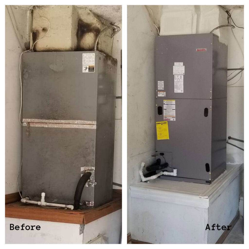 Before and after photos of an HVAC furnace replacement by Fernandez HVAC in Alexandria, VA.
