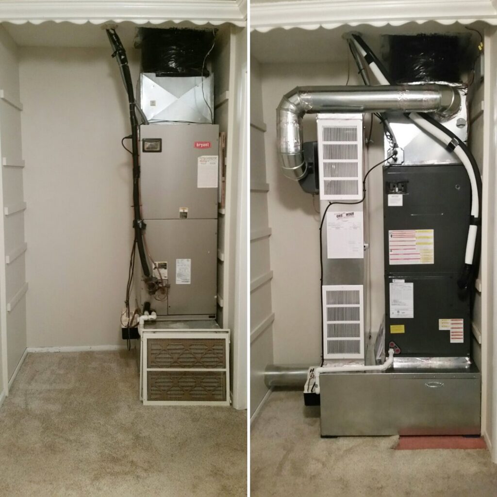 Before and after photos of a new HVAC system installation by McCarthy's One Hour Heating & Air Conditioning in Omaha, NE.