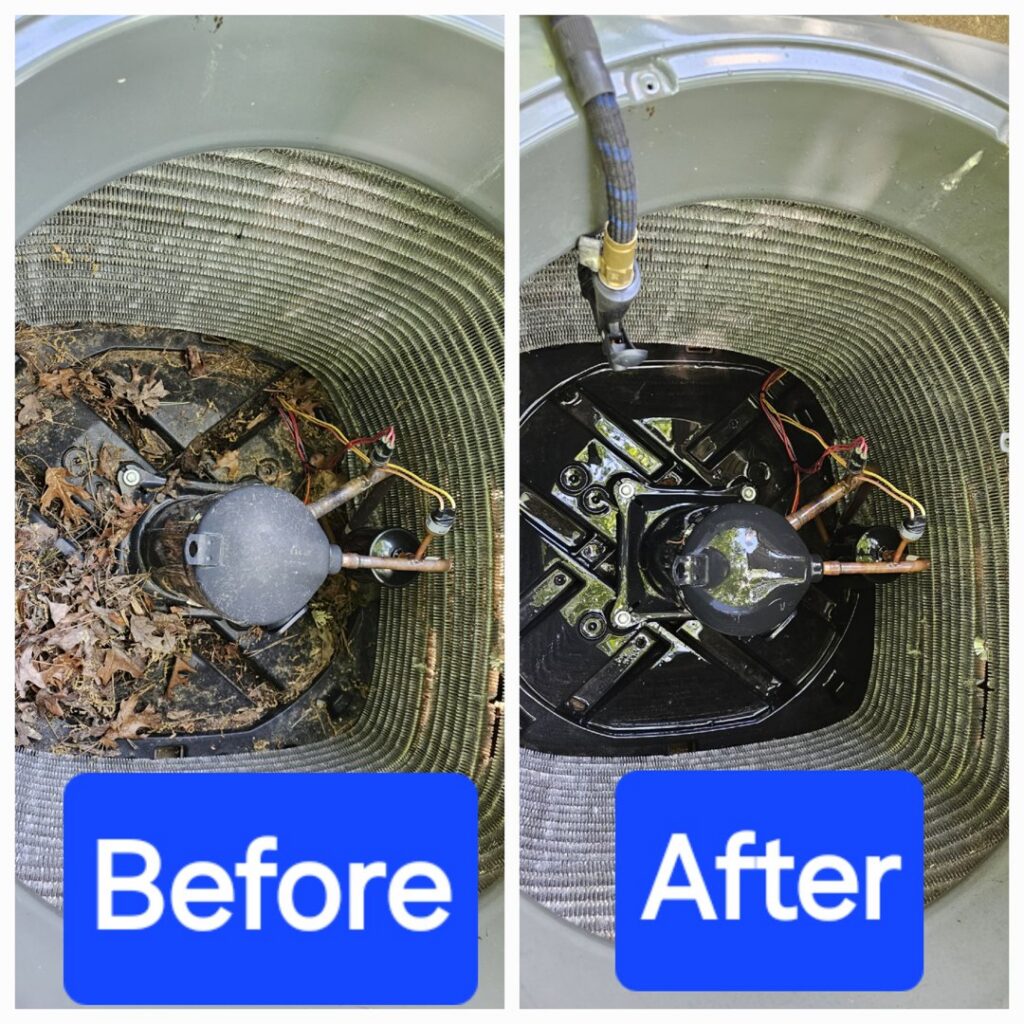 Before and after view of an HVAC unit's interior, showing debris removed during service by Peak Seasons HVAC in Raleigh, NC.