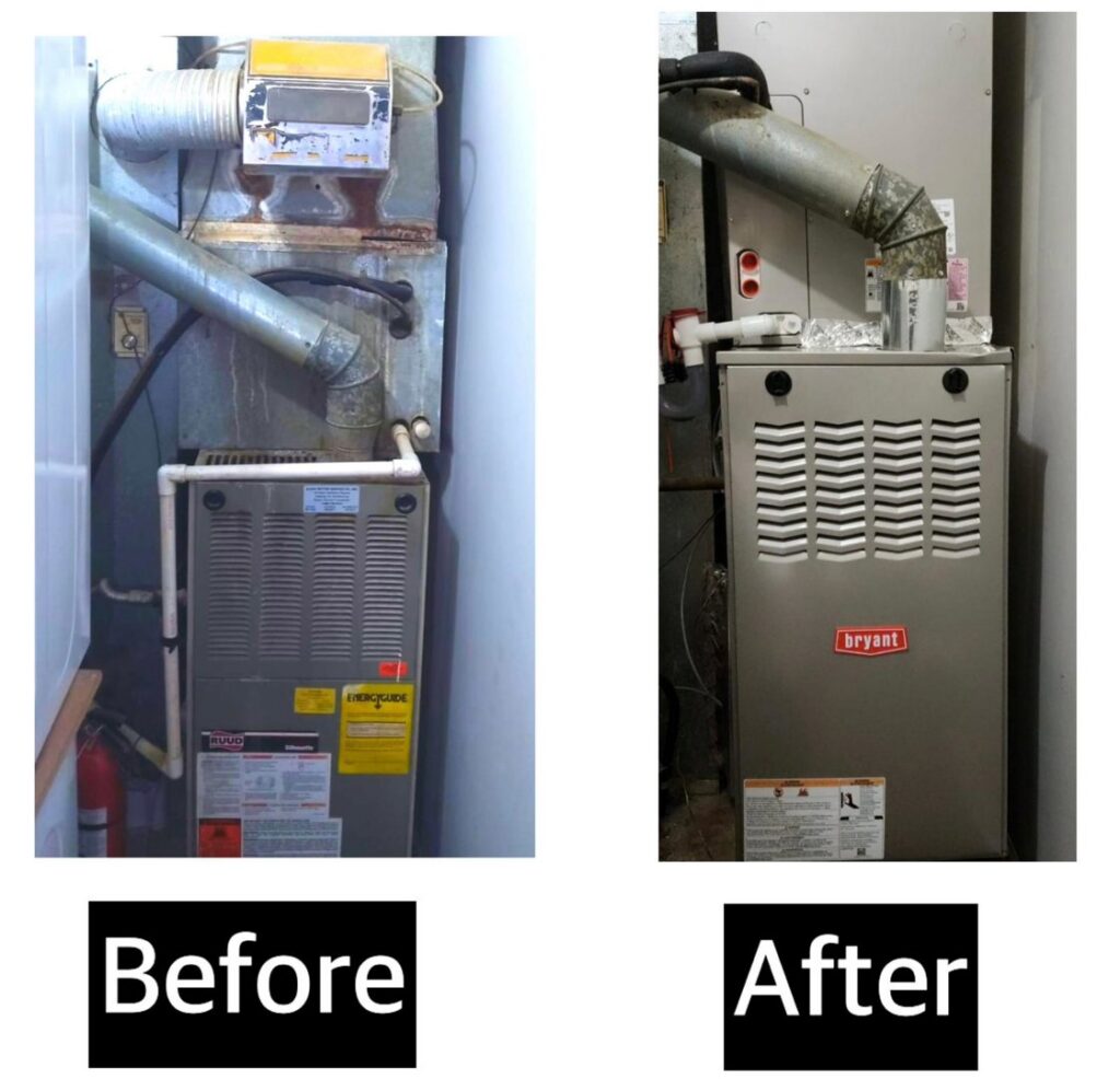 Before and after comparison of an indoor furnace replacement by Ambiaire in Lakewood, NJ