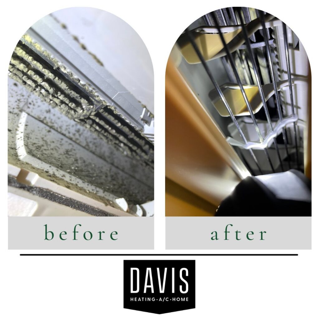 Before and after comparison of a dirty and cleaned indoor HVAC coil by Davis Heating, Air Conditioning & Home in Overland Park, KS.