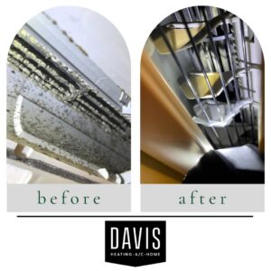 Before and after comparison of a dirty and cleaned indoor HVAC coil by Davis Heating, Air Conditioning & Home in Overland Park, KS.