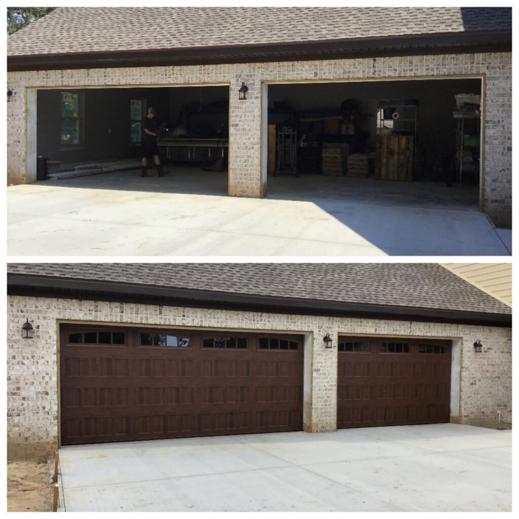 Before and after installation of two brown garage doors by Precision Garage Door Service of Mobile in Mobile, AL.