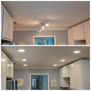 Before and after of kitchen recessed lighting installation by Elite Electrical TN in Jackson, TN.
