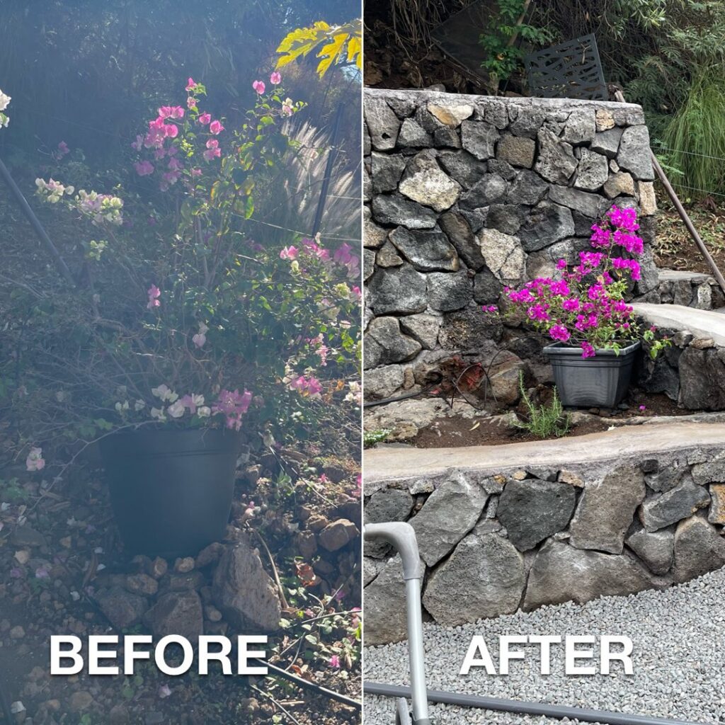 Before and after of a landscaped area featuring a new rockwall built by Fence, Gates and Rockwalls in Kailua-Kona, HI