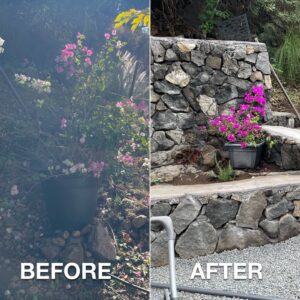 Before and after of a landscaped area featuring a new rockwall built by Fence, Gates and Rockwalls in Kailua-Kona, HI