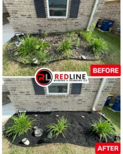 Before and after view of a garden bed, showing fresh mulch and improved landscaping by Redline Mowing & Trimming in Stillwater, OK.