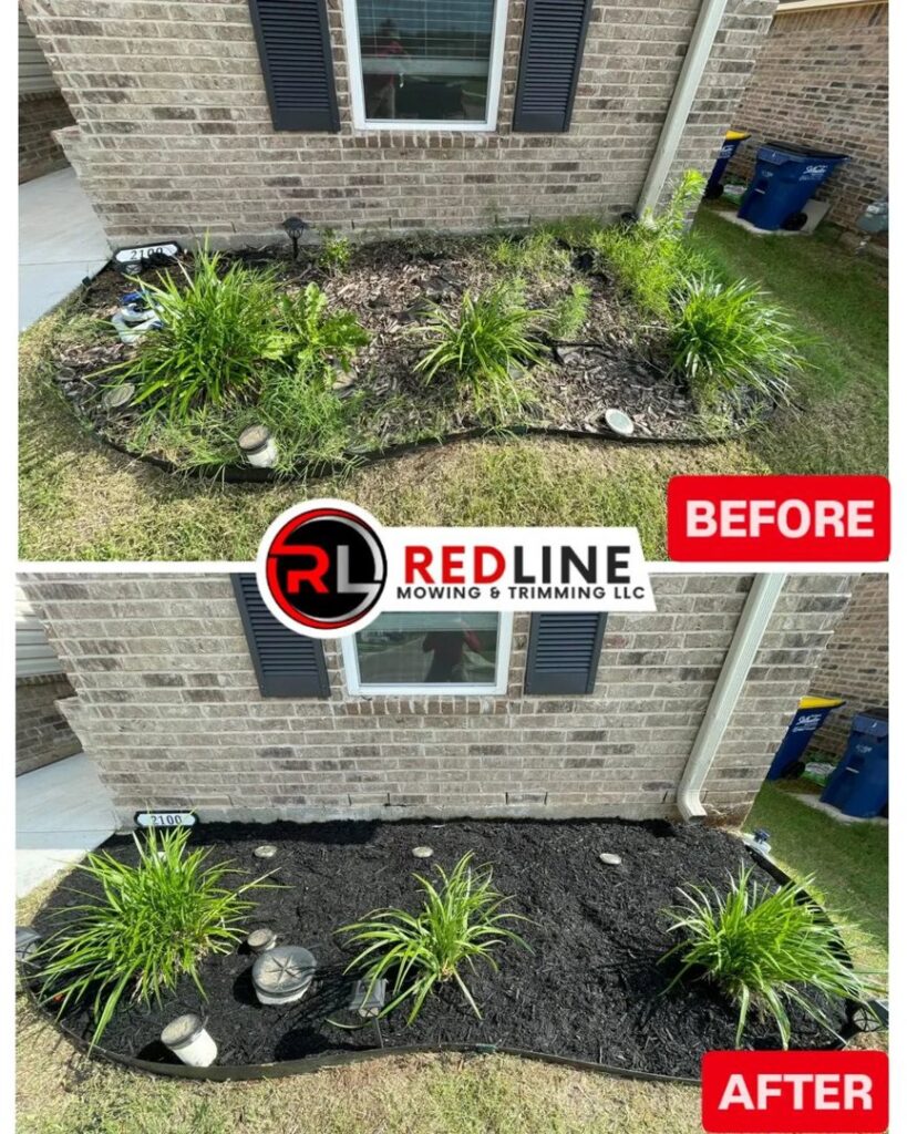 Before and after view of a garden bed, showing fresh mulch and improved landscaping by Redline Mowing & Trimming in Stillwater, OK.