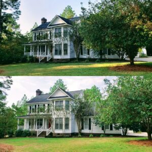 Before and after photos of a large home's front yard, showcasing professional lawn and landscaping services by Liberty LAWN Care in Sumter, SC.