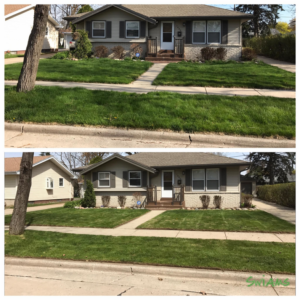 Before and after comparison of a residential lawn, showcasing a successful lawn care transformation by Swiams Landscaping and Snow Removal in Milwaukee, WI.