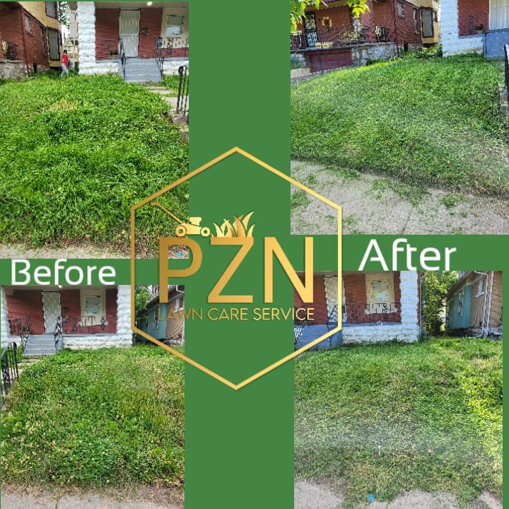 Before and after comparison of an overgrown lawn transformed by PZN Lawn Care Service in Kansas City, MO.