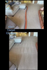 Before and after comparison of a living room carpet cleaned by Alex's Carpet Cleaning in Omaha, NE.