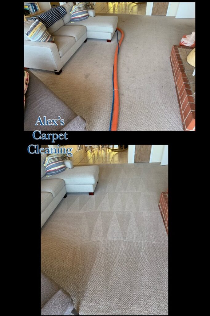 Before and after comparison of a living room carpet cleaned by Alex's Carpet Cleaning in Omaha, NE.