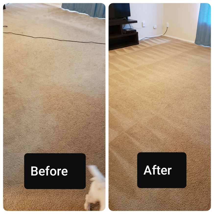 Before and after comparison of a living room carpet cleaning by Dr. Scrub Carpet Cleaning in Houston, TX