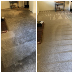 Before and after comparison of a dirty and freshly cleaned living room carpet by Ramirez Carpet Cleaning in Sacramento, CA