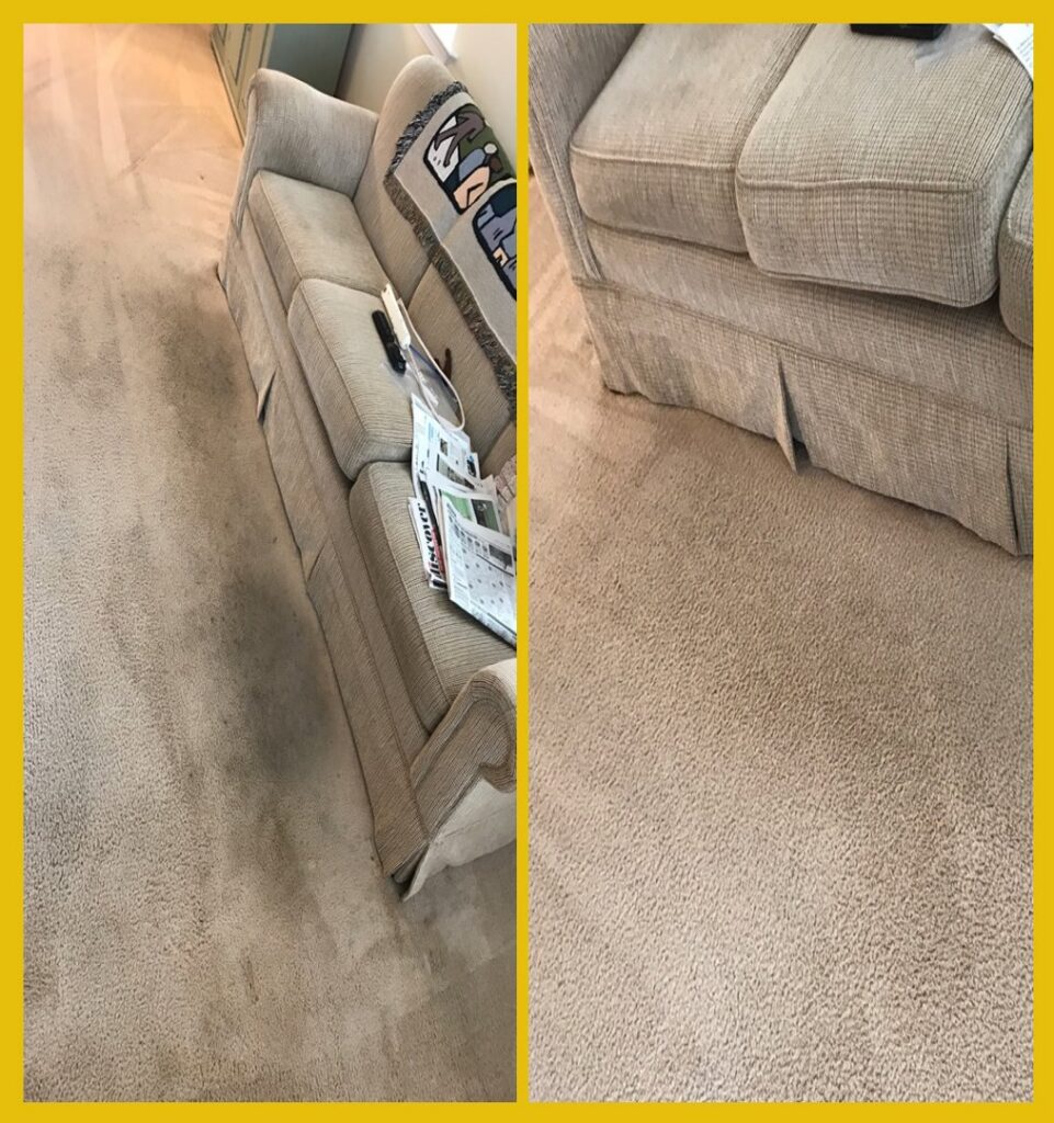 Before and after photos of a living room carpet cleaning service by Sure Clean Professionals in Port St. Lucie, FL